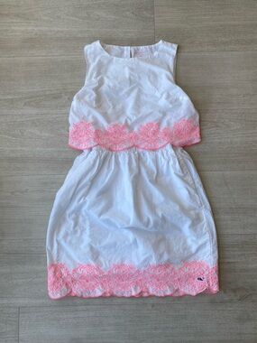 Vineyard Vines Girls M 10-12 White Neon Pink Embroidered Scallop Dress 2-Piece